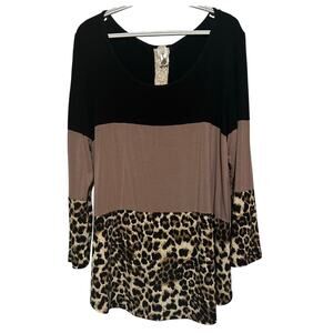 Lovely J Women's Black Brown Animal Print Long Sleeve Blouse Size 2XL